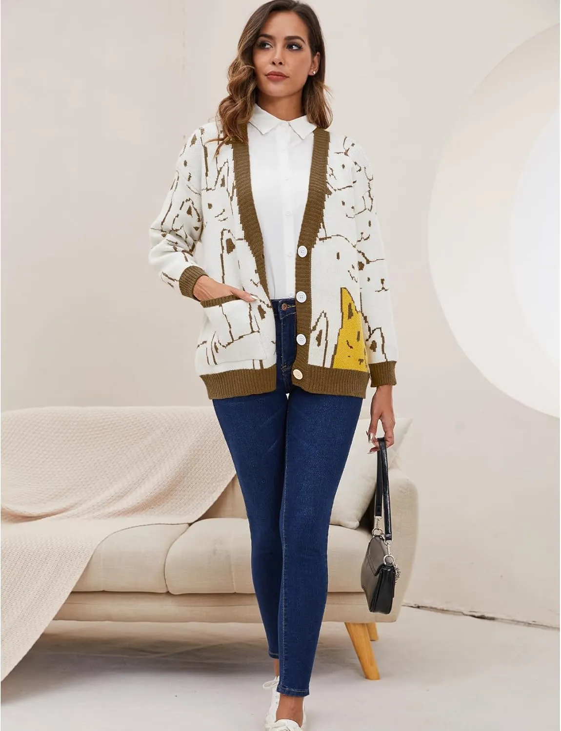 Women's Cat Sweater Cardigan Oversized Kawaii Cartoon Button Down Open Front Cat Print Knit Vintage Cardigan Sweater