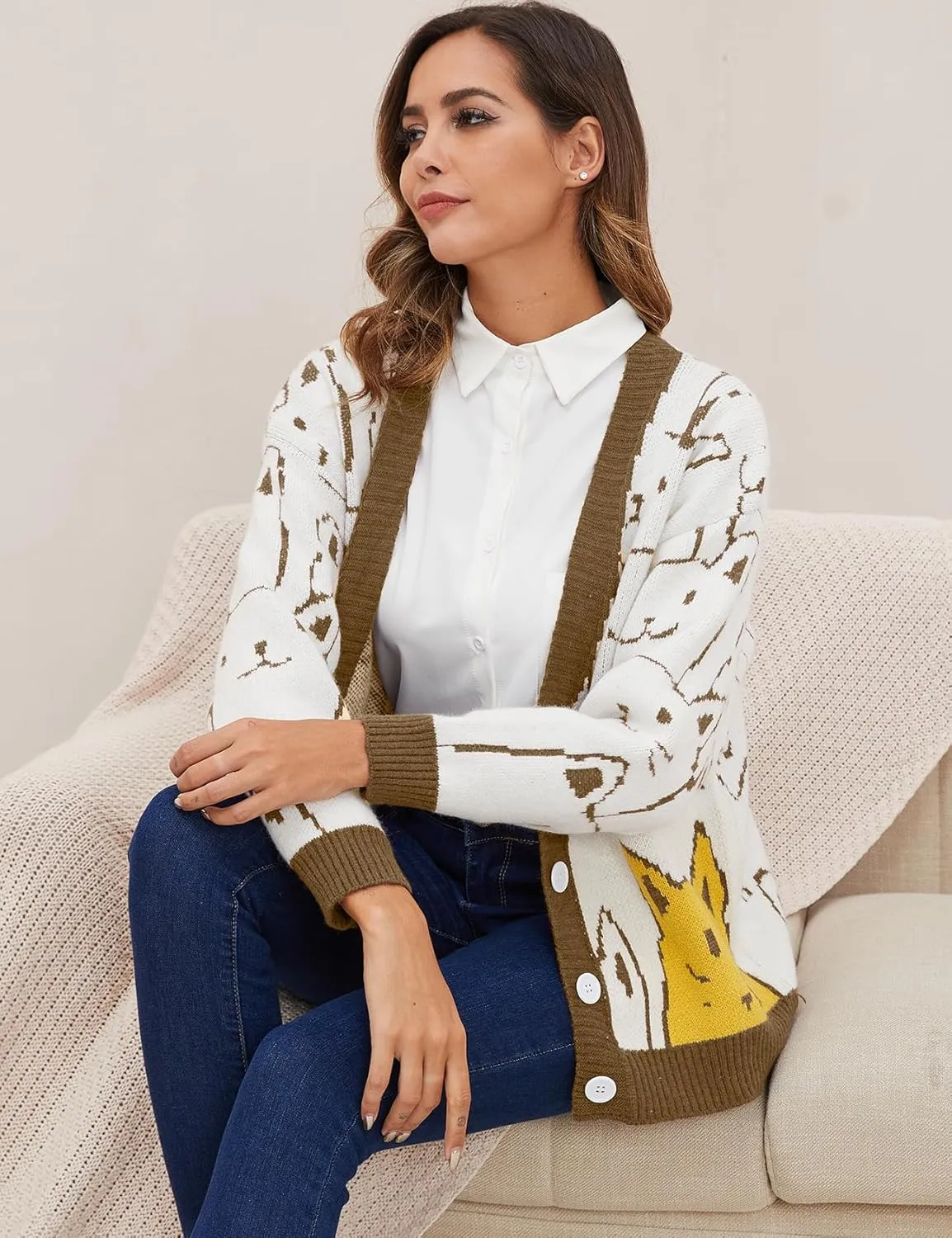 Women's Cat Sweater Cardigan Oversized Kawaii Cartoon Button Down Open Front Cat Print Knit Vintage Cardigan Sweater