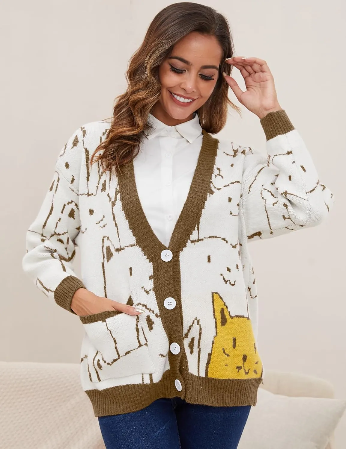 Women's Cat Sweater Cardigan Oversized Kawaii Cartoon Button Down Open Front Cat Print Knit Vintage Cardigan Sweater