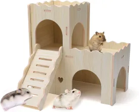 Wooden Hamster House With Cave Stairs, Playground, Hideouts, and Toys - Cage Accessories for Guinea Pig (001)